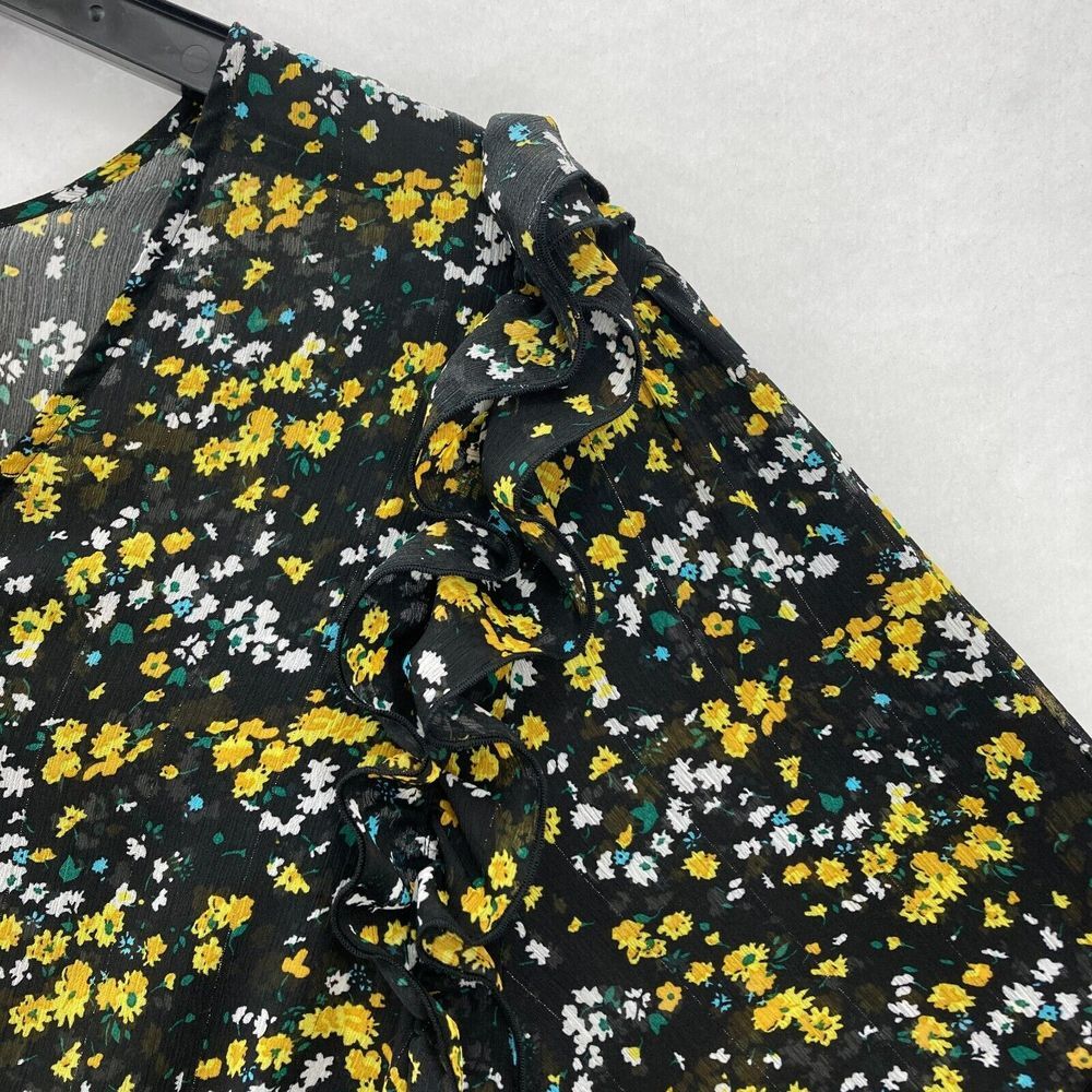 Express Women's Floral Wrap Blouse Large Black Yellow Bishop Sleeve Tie‎ Waist - Picture 4 of 13
